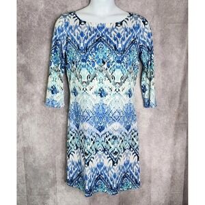 JEAN-PIERRE KLIFA Paris Womens Shift Dress Large Smooth Stretch Blue White Print